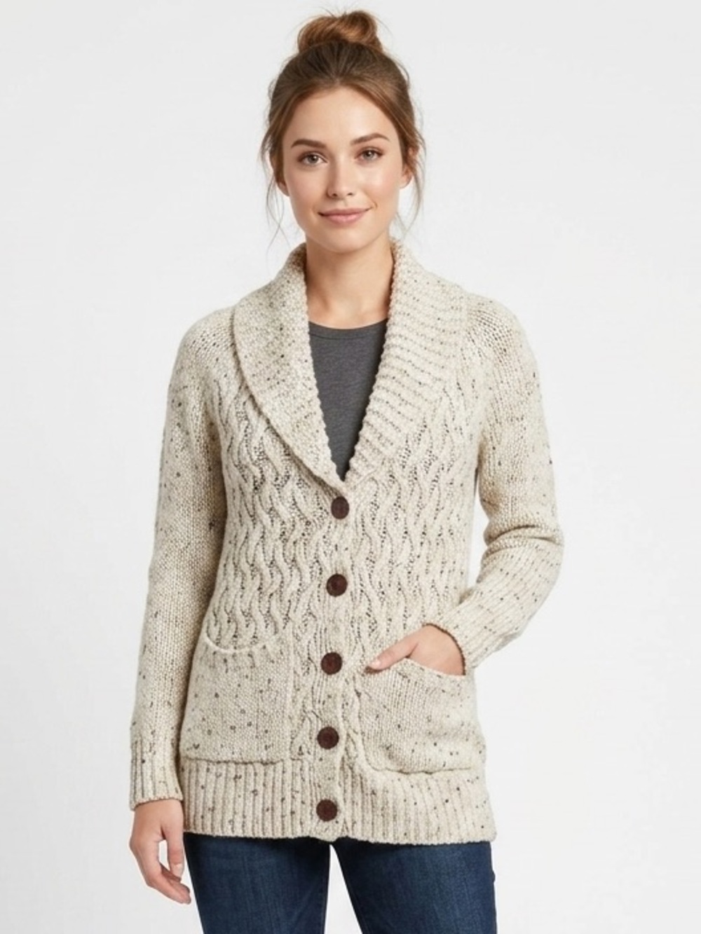 Anthropologie Farfar Cable Knit Fisherman Oatmeal Cardigan Cottagecore Chunky XS